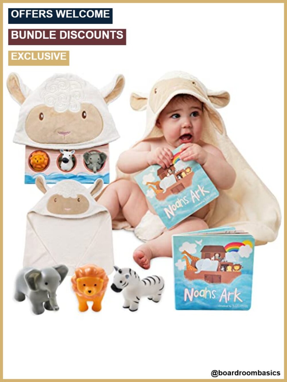 Noah's Ark Baptism Gift Set 5-Piece Hooded Towel & Squirt Toys 100% Cotton